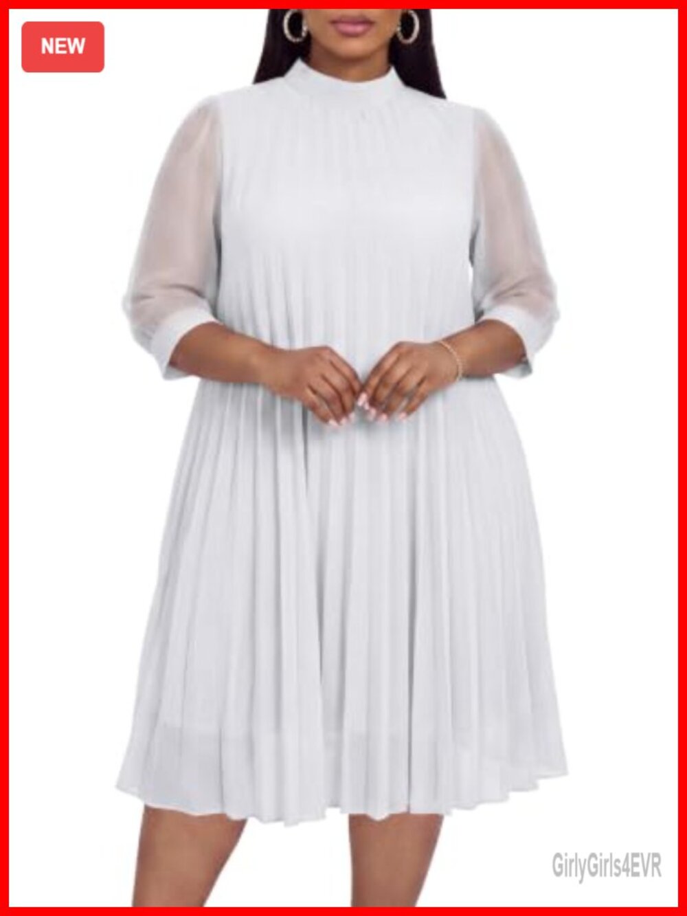 Plus Size Chiffon Pleated Midi Dress 3/4 Sleeve Casual Semi-Formal